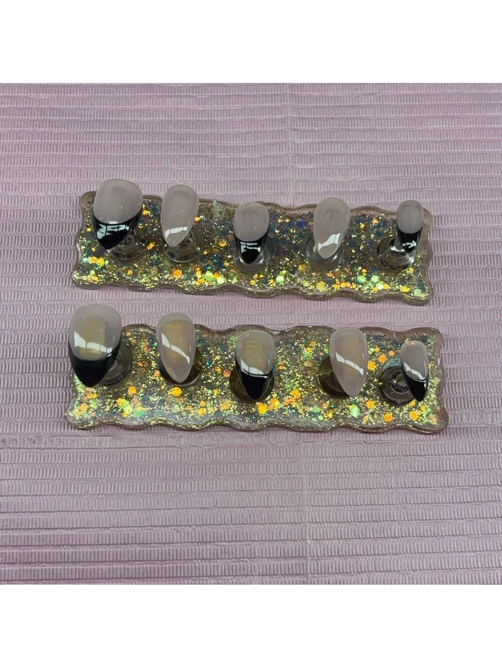 Extra short stiletto Press on nails black French tips nude custom handmade